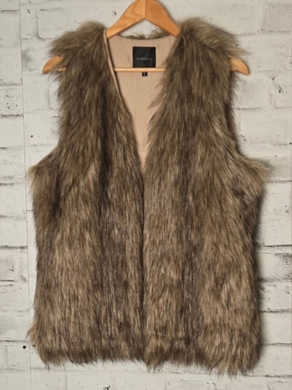 Dynamite Womens M L Brown Faux Fur Vest Open Front Boho Fall Layering